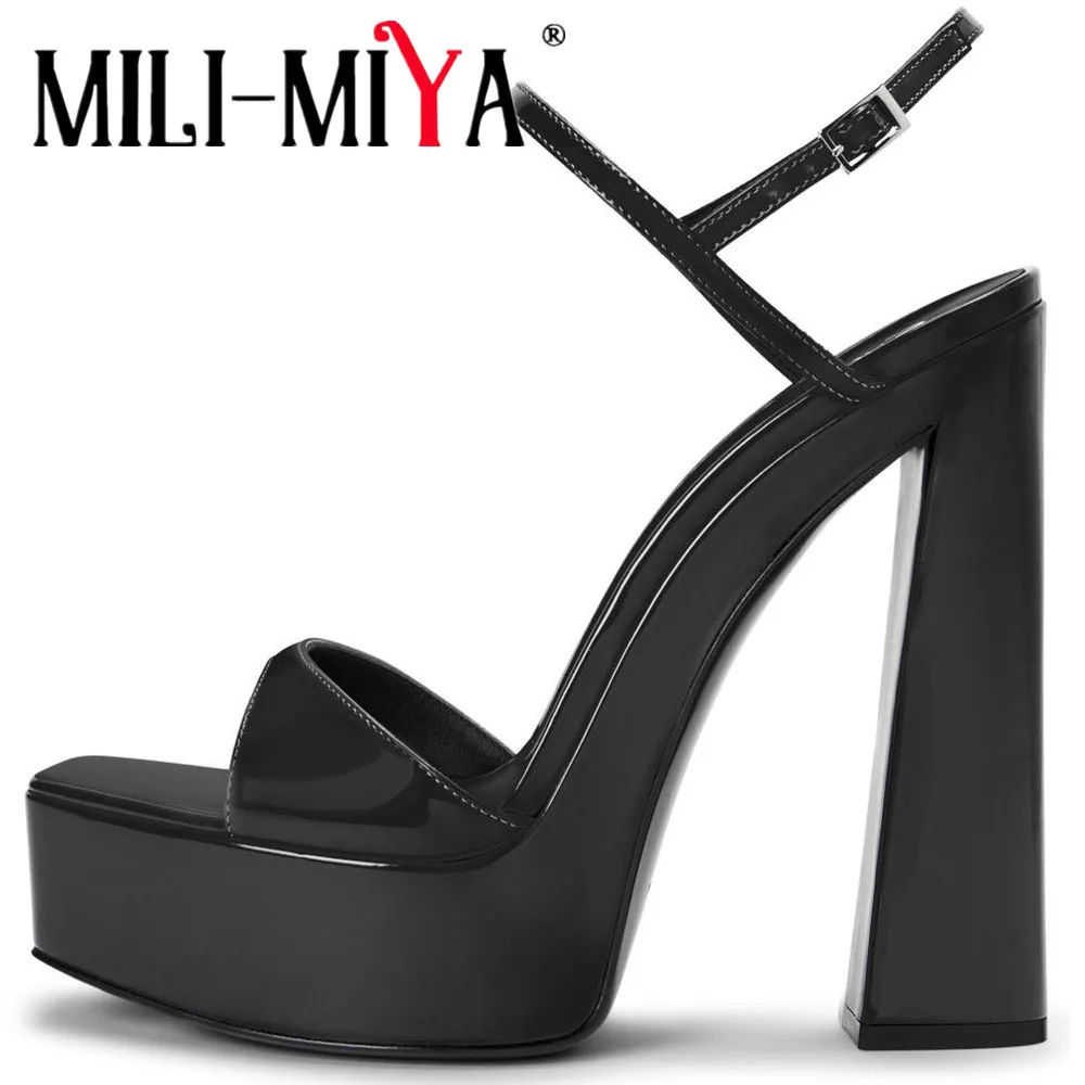 

MILI-MIYA Concise Design Women Patent Leather Square Toe Sandals Super High Thick Heels Ankle Wrap Big Size 36-43 Dress Party