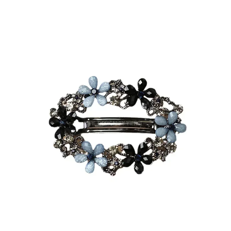 Korean Style Crystal Flower Spring Hairpin Vintage Elegant Ink Blue Rhinestone Ponytail Holder Top Clip Ladies Fashion Hairpin