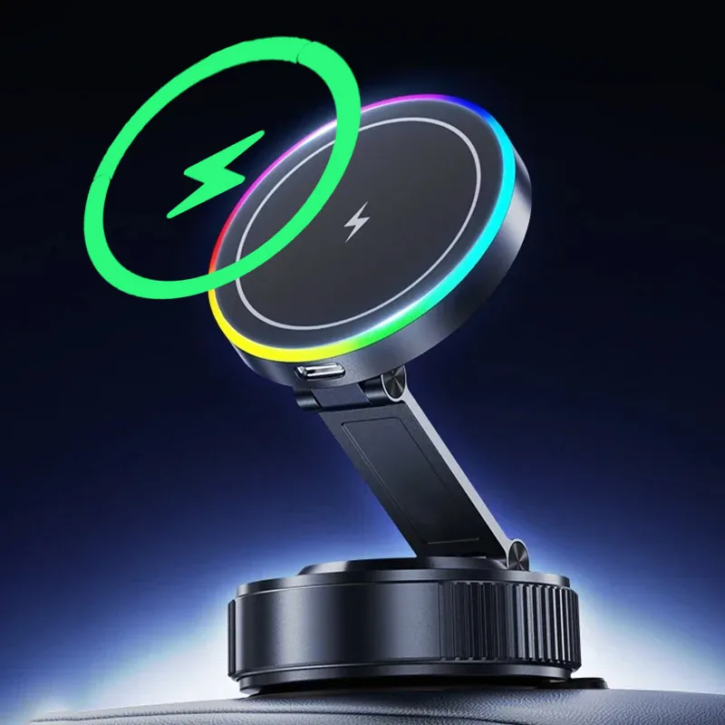 

Автомобильное магнитное беспроводное зарядное устройство RGB, держатель для телефона, вакуумный кронштейн для Magsafe iPhone 17 ~ 12, быстрая зарядка, подставка на присоске