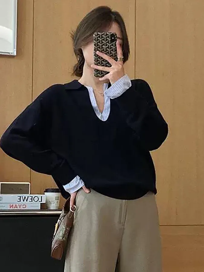 Fashionable V-Neck Striped Knitwear Women's Autumn Season Color Block Artistic Style Loose Fit Long Sleeve Shirt