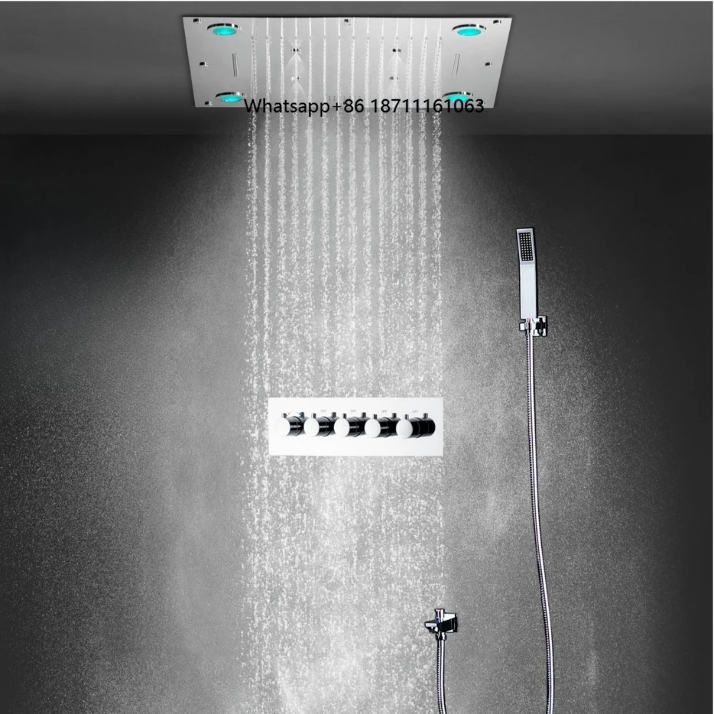 Music Chrome Polished Stainless Steel Modern 24-Inch Square LED Thermostatic Rain Waterfall Mist Hand-held 4-Function Shower Set