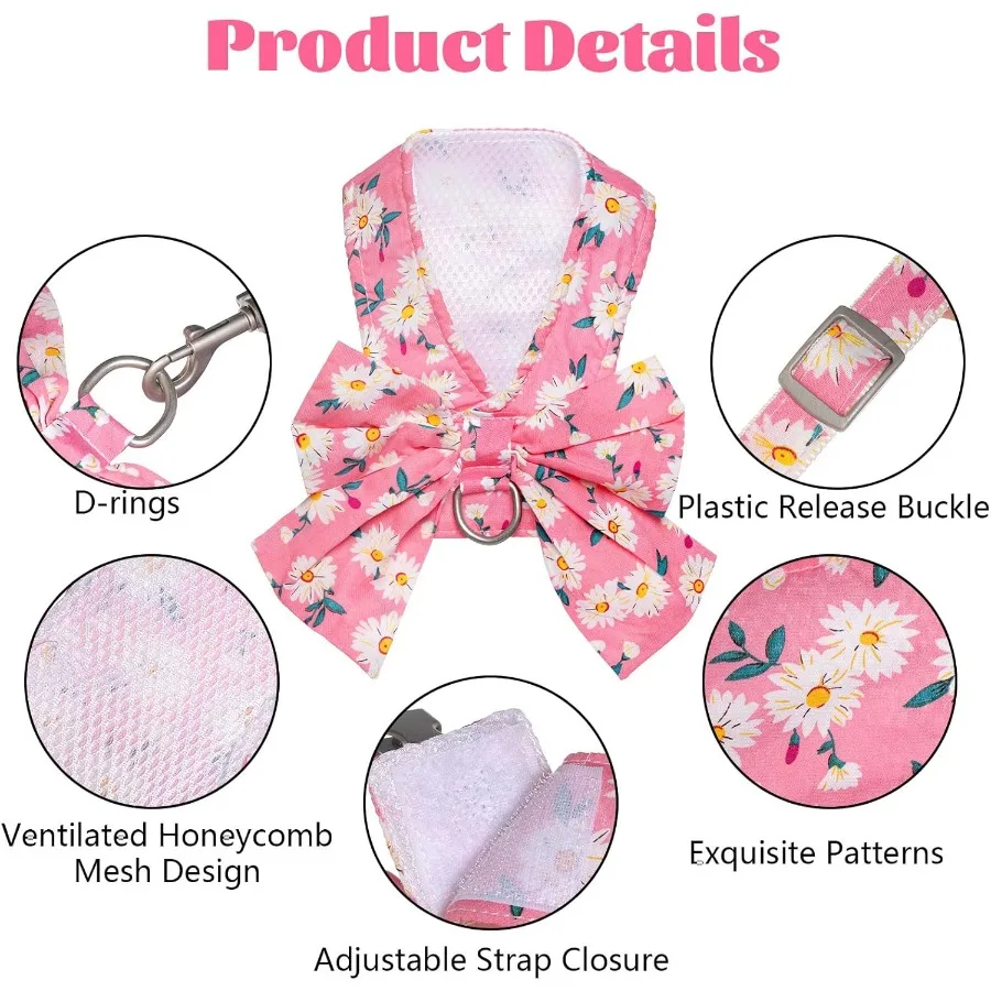 Hondenharnas en riemset Verstelbaar puppyharnas Mesh vest Set Strikknoop Huisdierenkleding voor kleine meisjes Hond Kat Zomer Roze XSmall