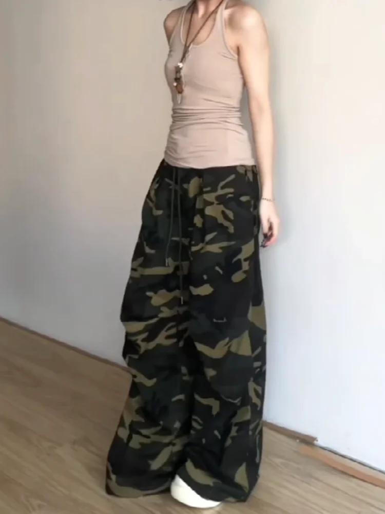 American Style Camouflage Paratrooper Work Pants Women Loose Slimming Drawstring Casual Wide Leg Pants Sweet Cool Girl