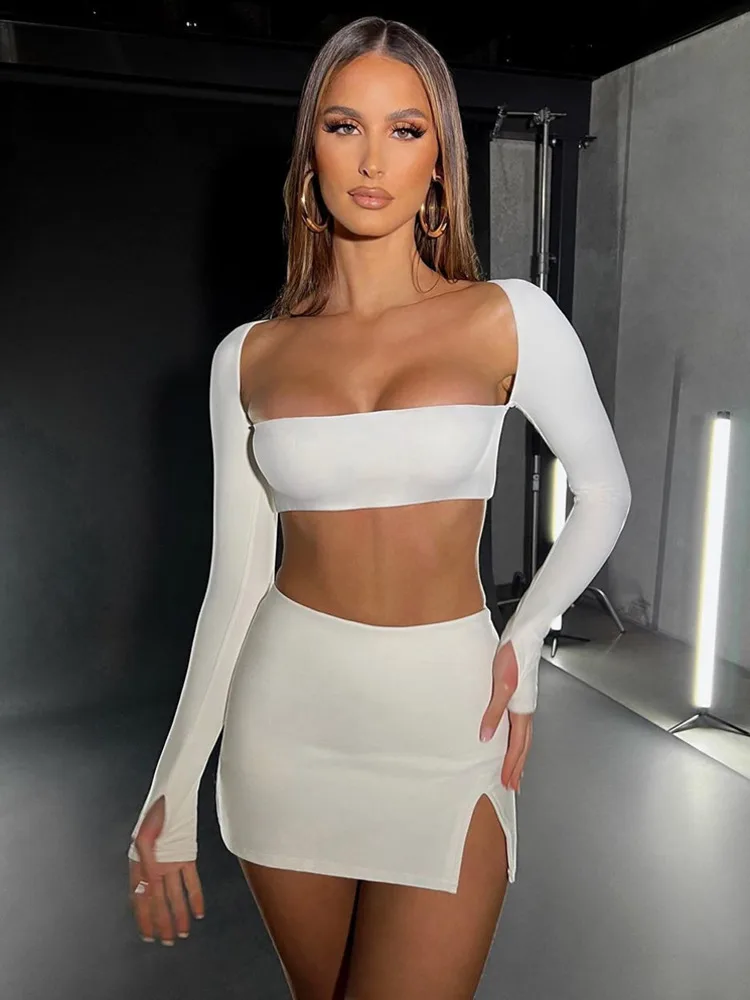 Mozision Sexy Dress Set Women White Square Collar Full Sleeve Crop Top And Mini Skirt Matching Sets Ladies Party Two Piece Set