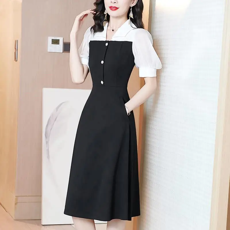 

Повседневное модное платье-туника с пэчворком и пуговицами, летне-осеннее 2026, с коротким рукавом, V-образным вырезом, свободного кроя, миди, женская одежда