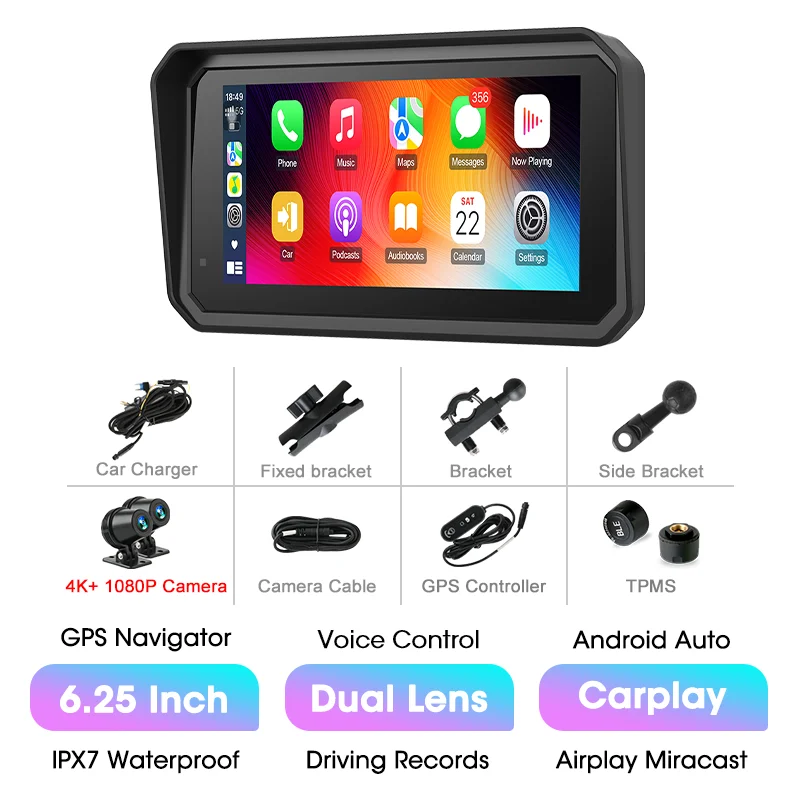 Jansite 5/6.25'' GPS voor motorfietsen Carplay DVR Navigatie Scherm Android Auto Moto Accrssories IP67 Waterdichte monitor