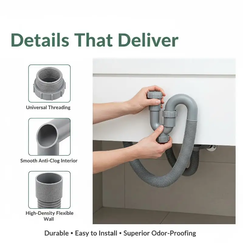 Sink Fitting Lavatory Flexible S-Trap Flexible Hose PP Hose Anti-Odor Extended Sewer Pipe Fitting Drainpipe