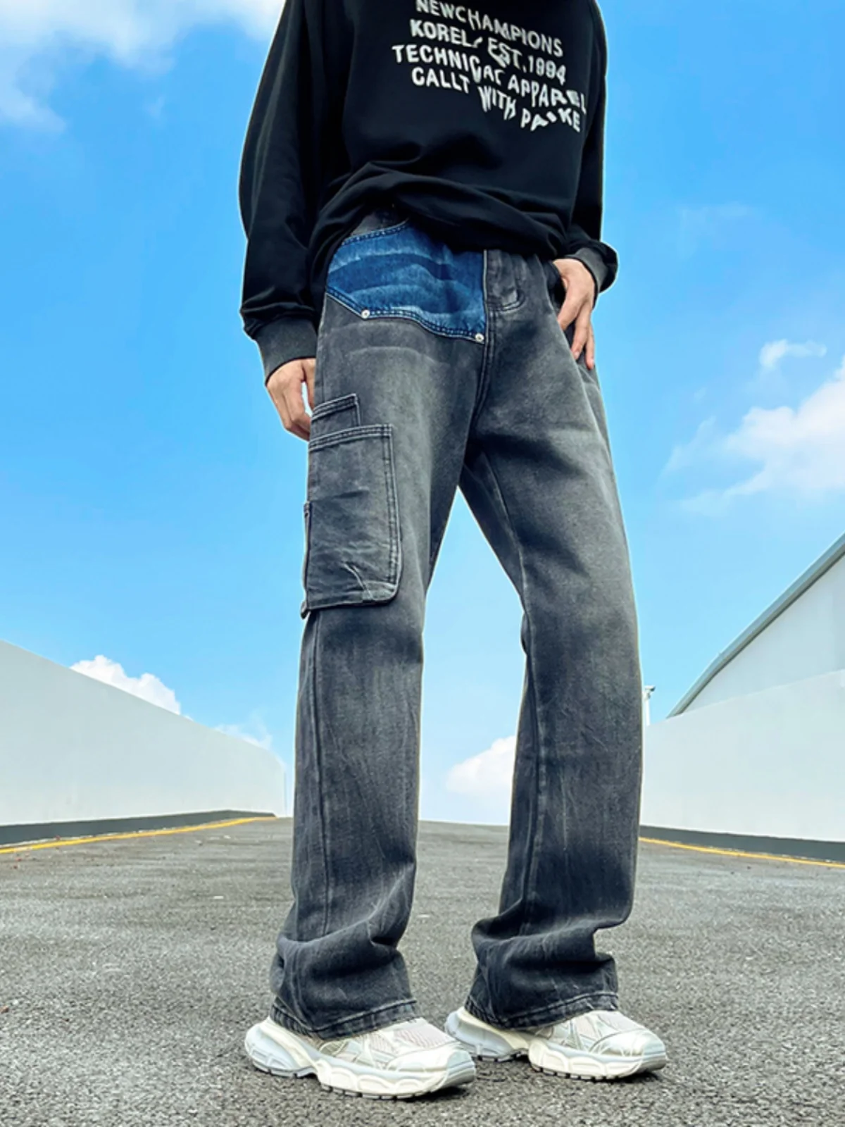 

Loose Straight Leg Men's Jeans Workwear Style Patchwork Pocket Casual Long Trousers High Street Functionality Versatile Autumn