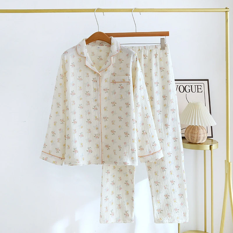 

2-Piece Women's Cotton Gauze Pajama Set, Loose Fit Long Sleeve, Lightweight Breathable 2026 New Style for Spring Summer Home Wea