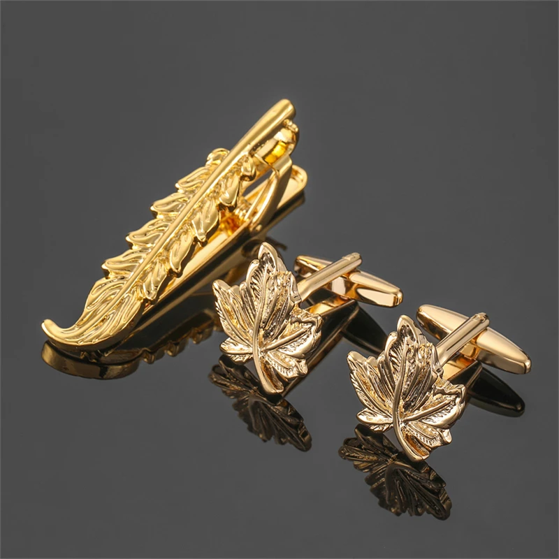 Copper material maple leaf shaped tie clip cufflink set fashionable men's clothing accessories French cufflink tie clip box