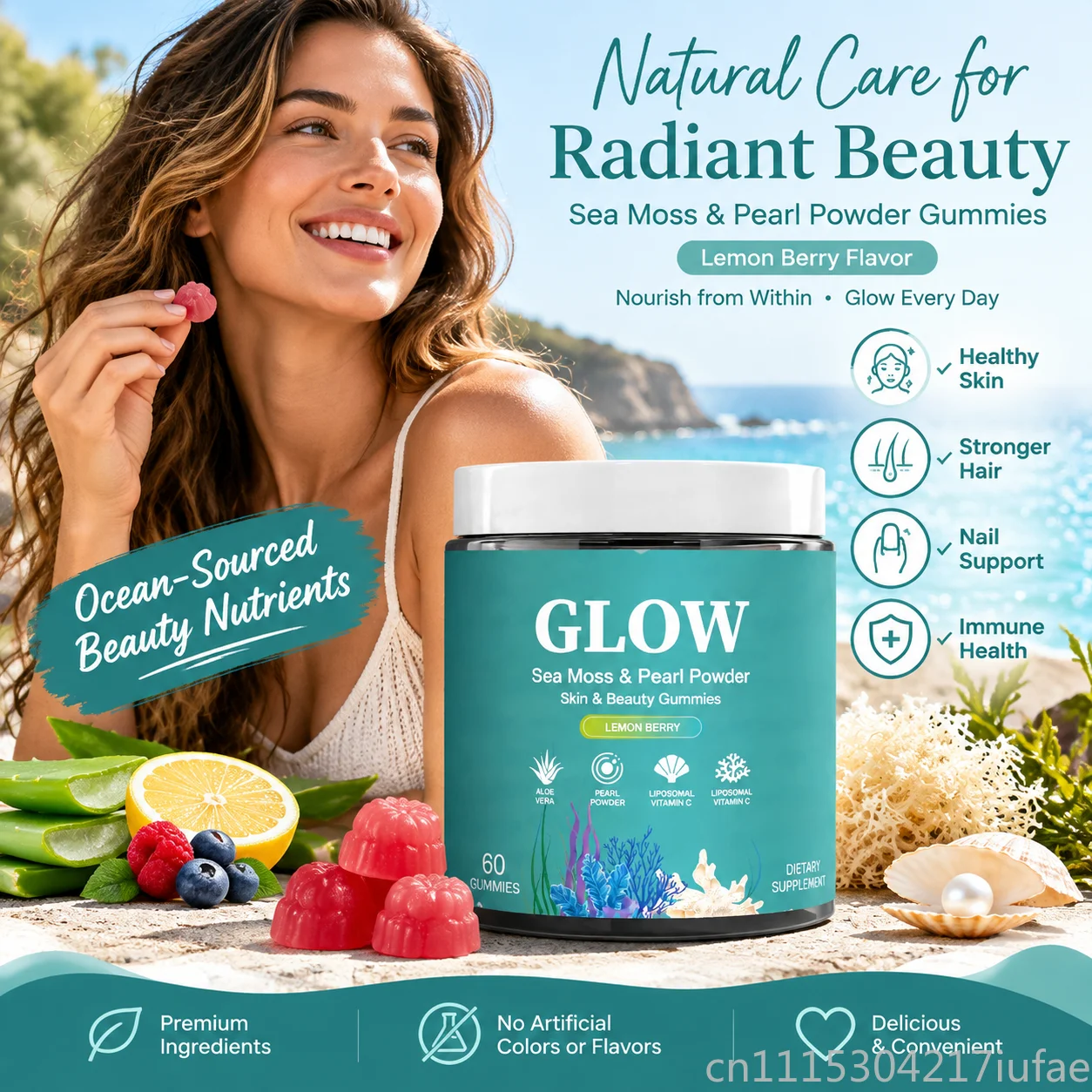 GLOW Sea Moss & Pearl Powder Beauty Gummies 60ct, Lemon Berry Aloe Vera Liposomal Vitamin C Skin Support Supplement