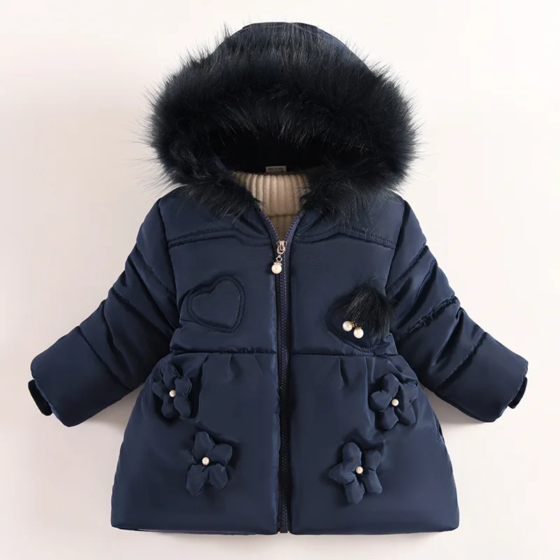 Winter Toddler Baby Girl Warm Jacket 0-5 Year Old Girls Outdoor Hooded Jacket Children's Plush Thick Wool Collar Cotton Jacket