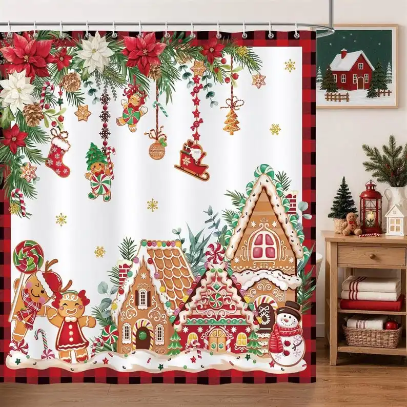 New in 2026 Christmas Gingerbread Shower Curtain, Holiday Buffalo Plaid Bath Decor