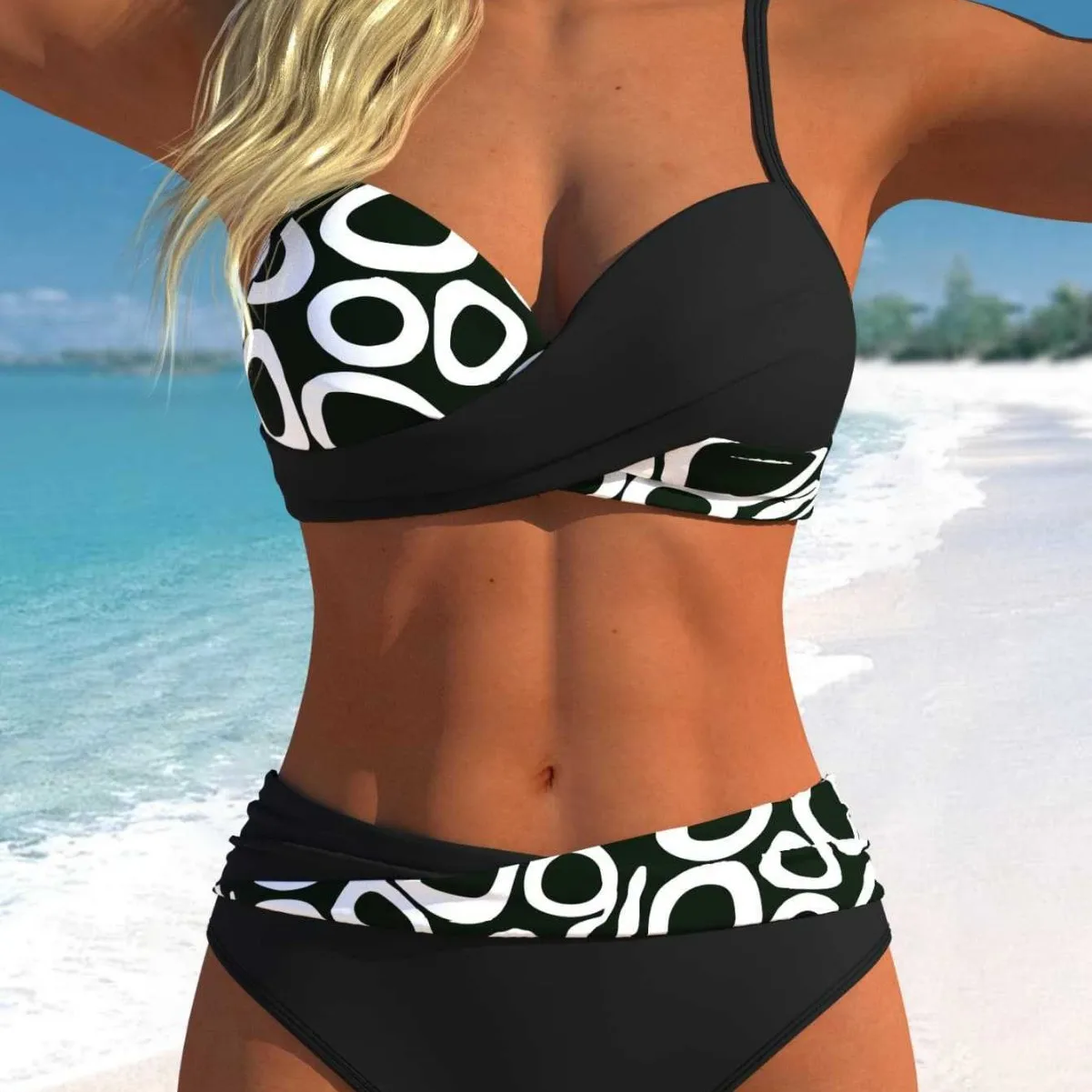 Ladies Contrast Abstract Circle‑Print Bikinis Set Twist‑Front Longline Top Fold‑Over High‑Rise Women Swimsuit Pool Bathing Suit