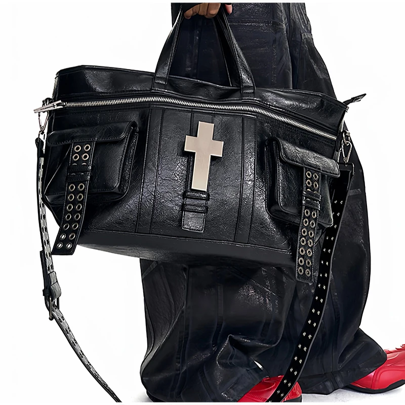 Vintage Distressed Tote Bag mit Kreuznieten, Große Unisex Umhängetasche, Reißverschluss-Handtasche aus Cracked PU für Damen – Detail 20