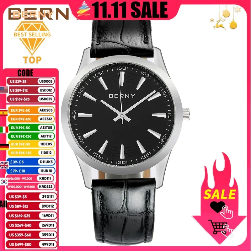 

BERNY Business QuartzWatch for Men Original Fashion Leather Strap Fashion Luxury Men Watches Waterproof Reloj Hombre Wristwatch