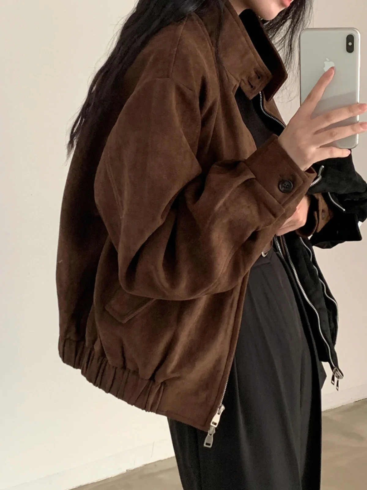 

American Sle Suede Jaet Women's ort Pilot Coat Spring Autumn Design Sense Minori Faion Top Zipper Flip Collar