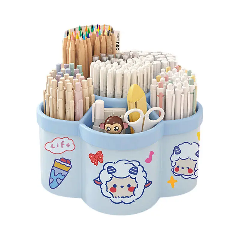 6 Compartment Cartoon Rotating Pen Organizer Desktop High Capacity Storage Pen Holder For School Office Storage Box