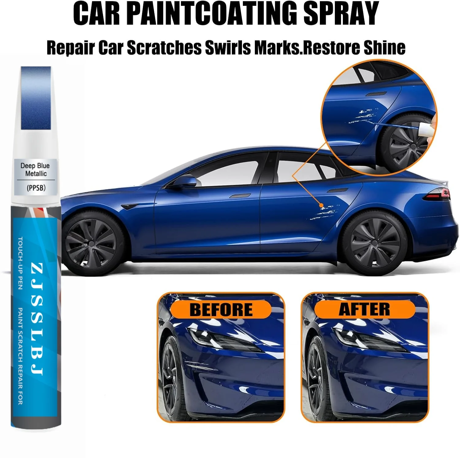 Car Touch Up Paint(Deep Blue Metallic(PPSB)) for Tesla Model Y/3/S/X, 2 in 1 DIY Car Paint Scratch Repair Kit with Pen Tip & Bru