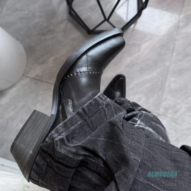 Street Style Black Faux Leather Ankle Boots Men's Square Toe Mid Heel Western Back Zipper Chic Casual Party Shoes For Daily Wear