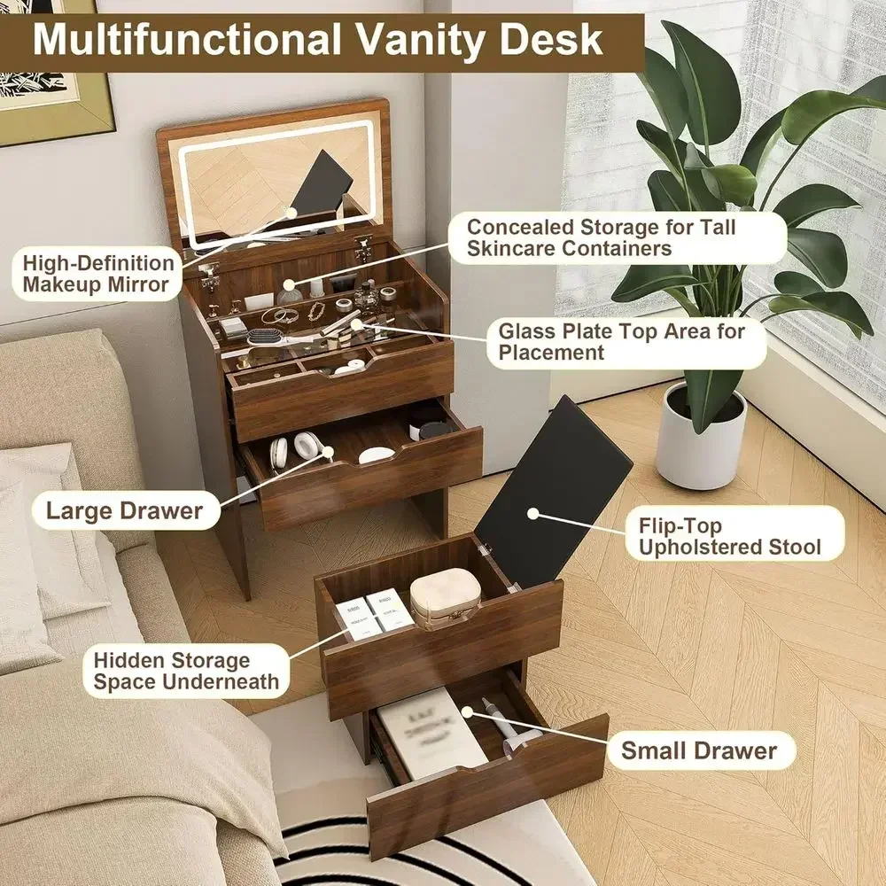3-in-1 Vanity Desk with Illuminated Mirror and Stool, Top Makeup Dressing Table, Compact Storage for Bedroom, Bathroom, Dressing