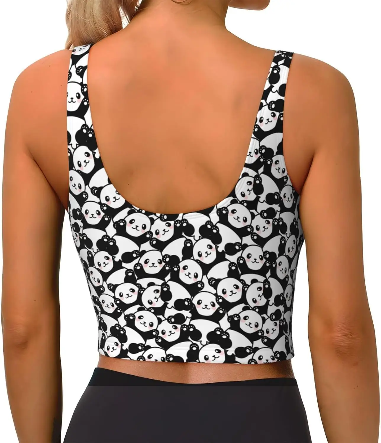 Pandas Women Sports Bras Scoop Neck Yoga Crop Tank Tops U Back Fitness Exercise Workout Running Top Print