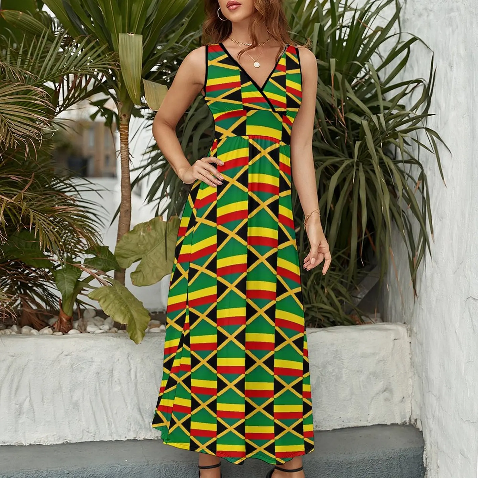 Jamaican Flag Dress Woman Flag of Jamaica Club Maxi Dress V Neck High Waist Street Style Pattern Boho Beach Long Dresses