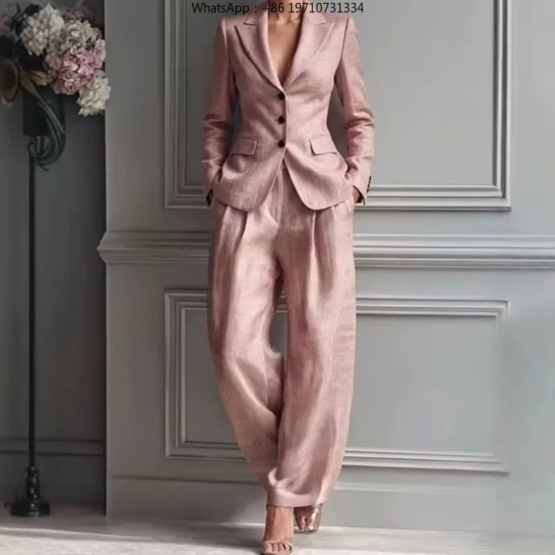 Women  Lapel Blazer 2 Piece Set Single Breasted Buttoned High Waist Wide Leg Pants Office Business Outfit