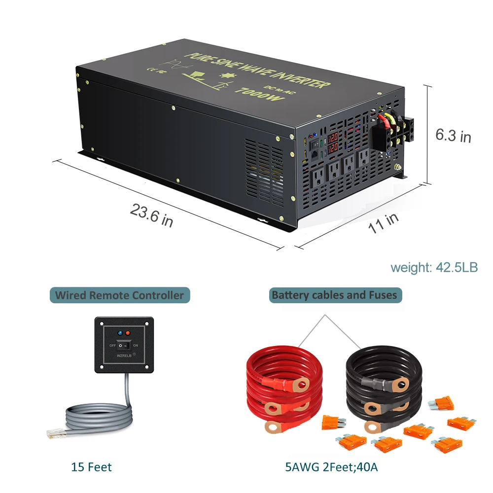 7000W Wired Control Pure Sine Wave Solar Power Inverter Battery 12V 24V 36V 48V 60V 96V 110V DC to 120V 220V 230V 240V AC RV AC