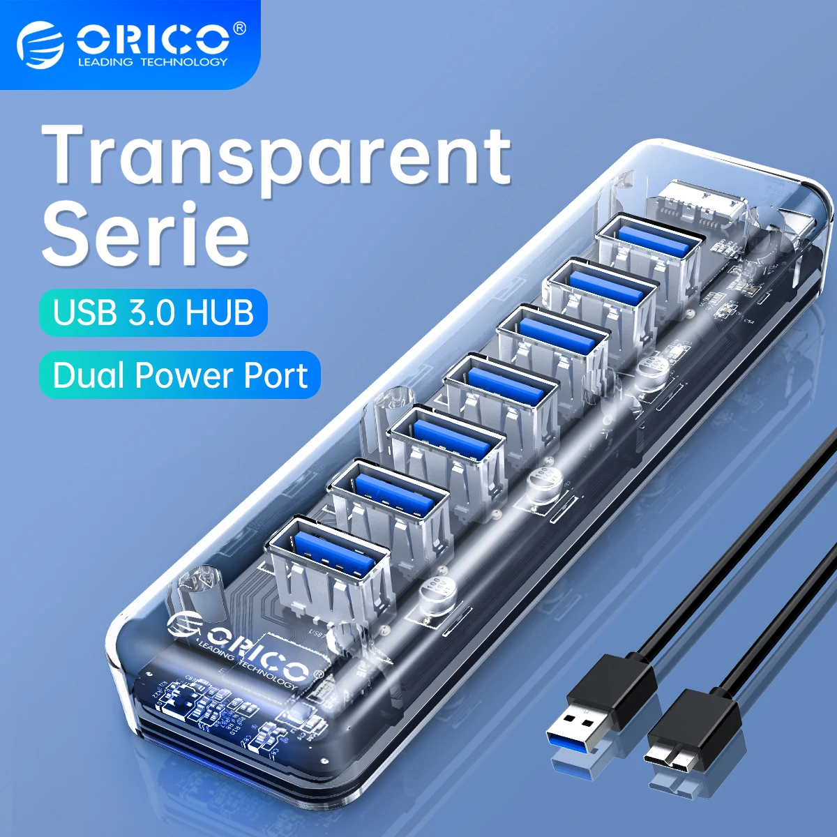 O divisor de alta velocidade transparente do multi 7-port usb3.0 do cubo de usb da série de orico com porta de alimentação micro usb para o adaptador otg do computador portátil