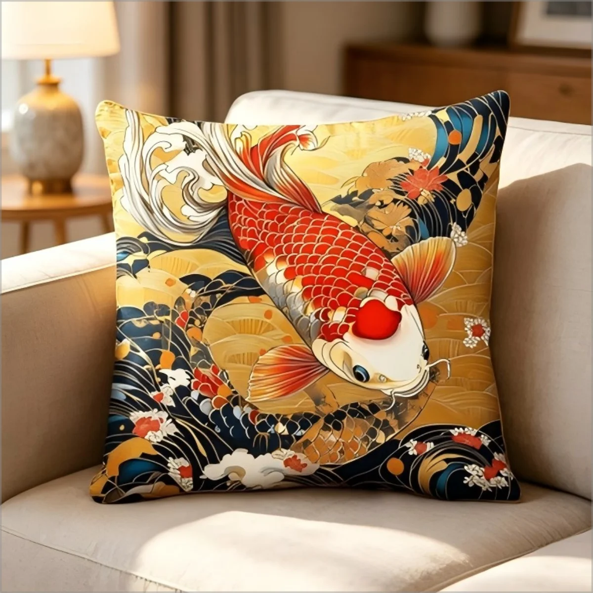 Japanischer Goldener Roter Koi-Fisch Wellenmuster Doppelseitiges Dekokissen für Sofa und Couch, Glückssymbol für Wohlstand, Heimdekoration