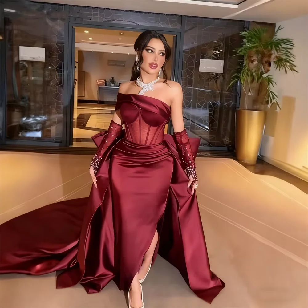 Shiny Wine Red One Strapless Neckline Detachable Long Sleeves Satin Mermaid Evening Dress With Back Bow Gown Dress For Women