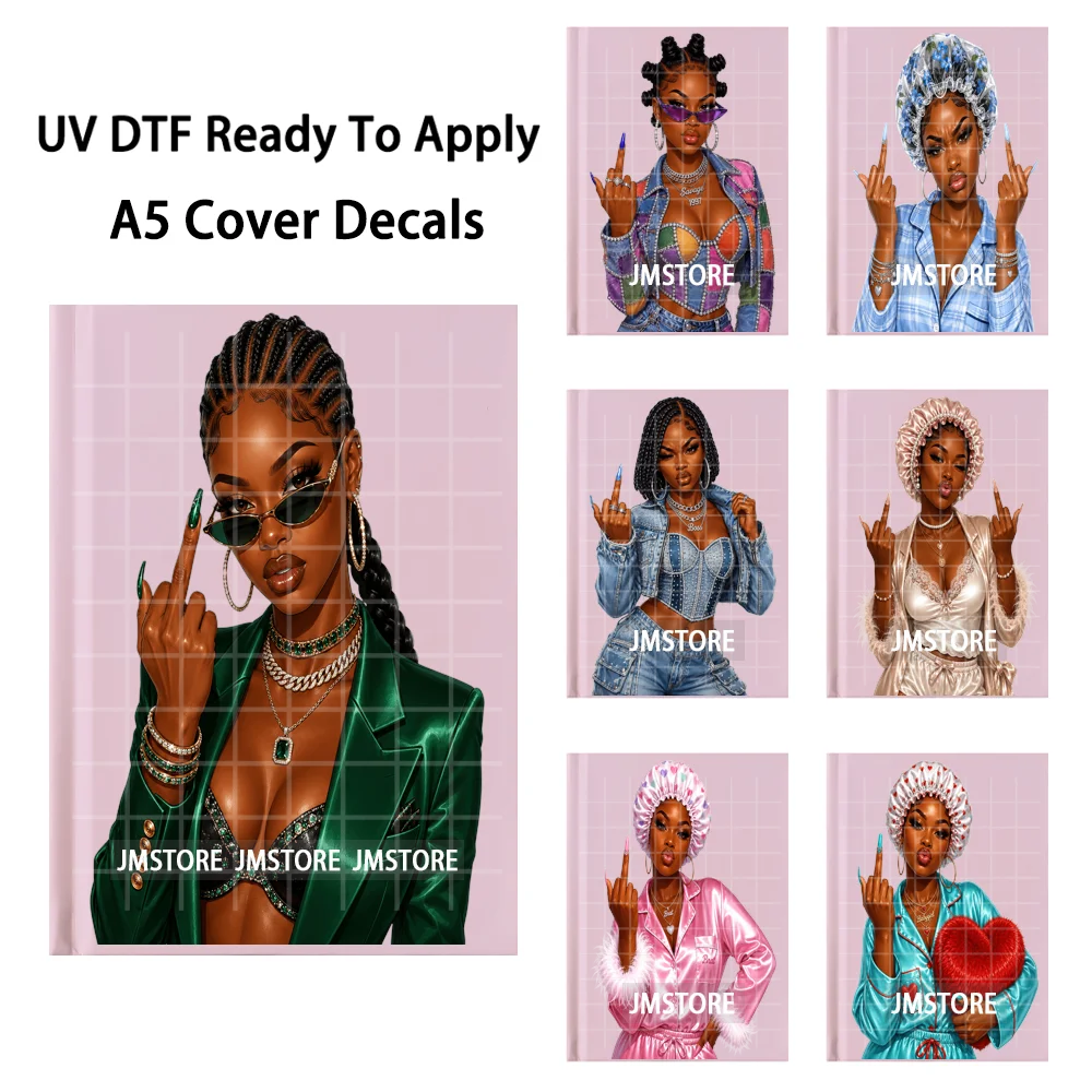 Sassy Black Woman With Jewelry UV DTF Sticker Permanent Transfer Decals Ready To Apply For A5 Journal Cover DIY Notebook Decor