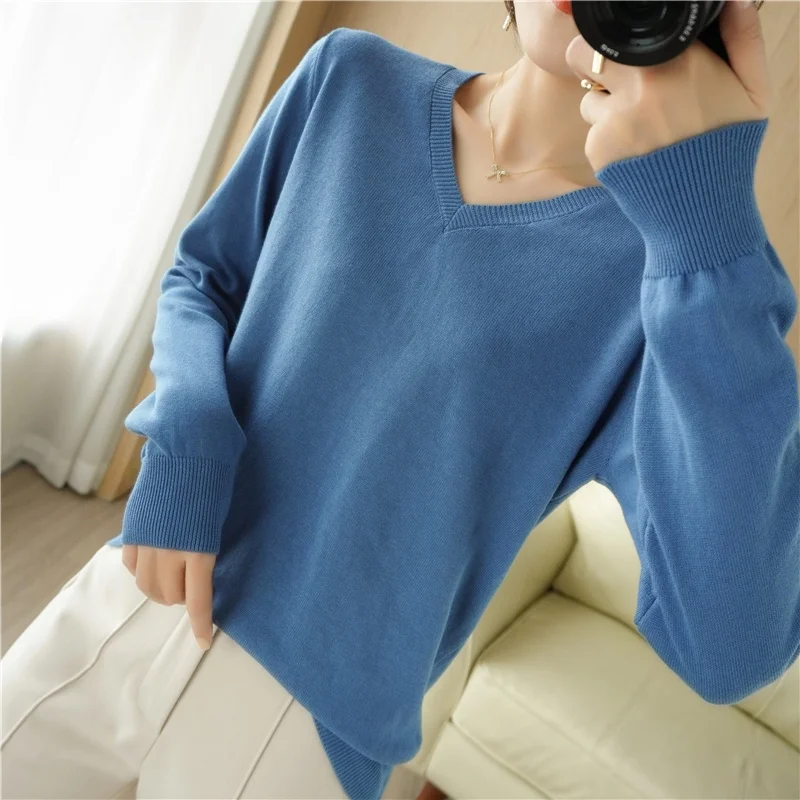 

New 00% Cotton V-Ne Long Sve Knitted Casual Loose Base Layer Pure Cotton Online irt Slim Fit Overhead Women's Top