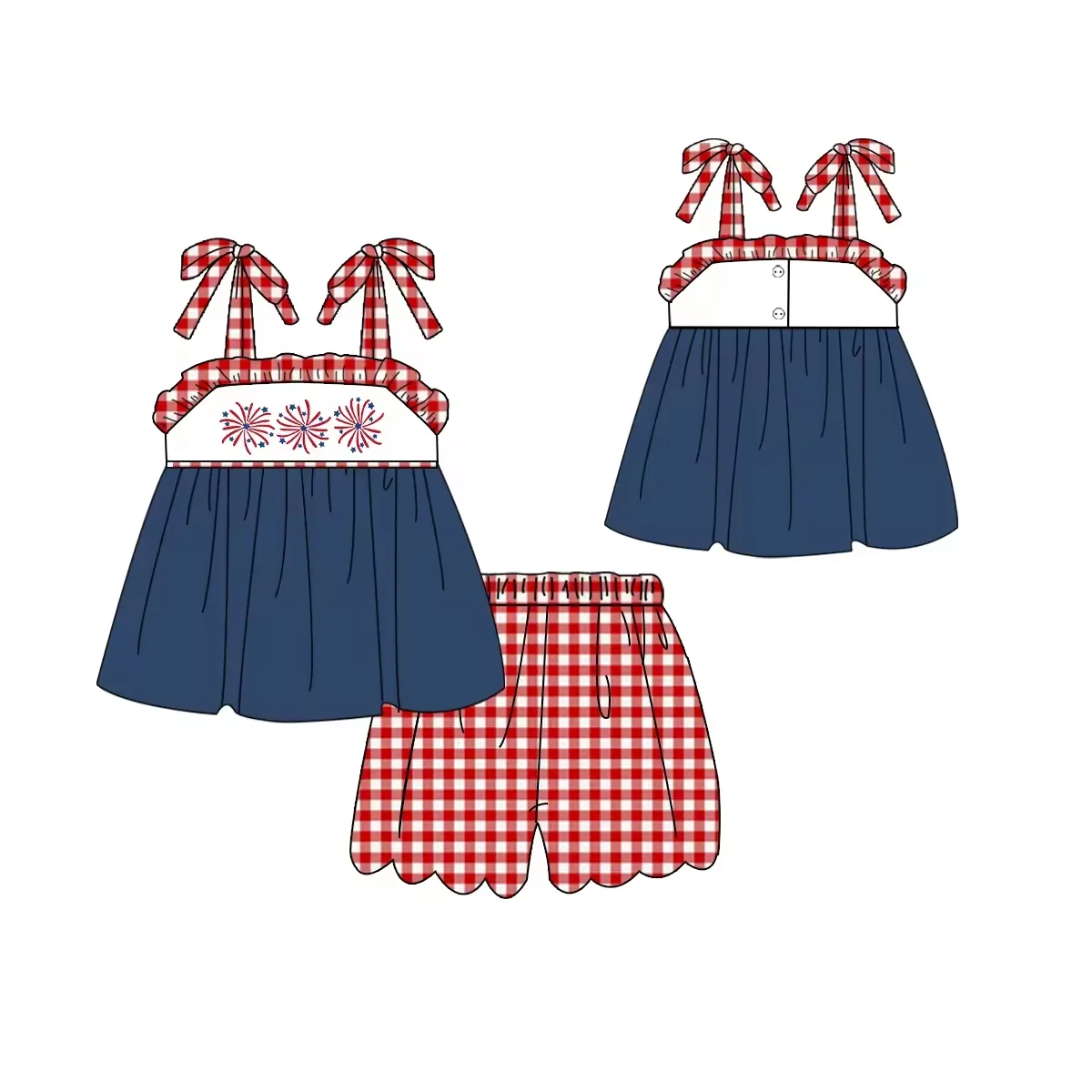 July 4th Boutique children's set suspender bow firework print shorts lace girls boy plaid shorts pocket suit baby romper dress