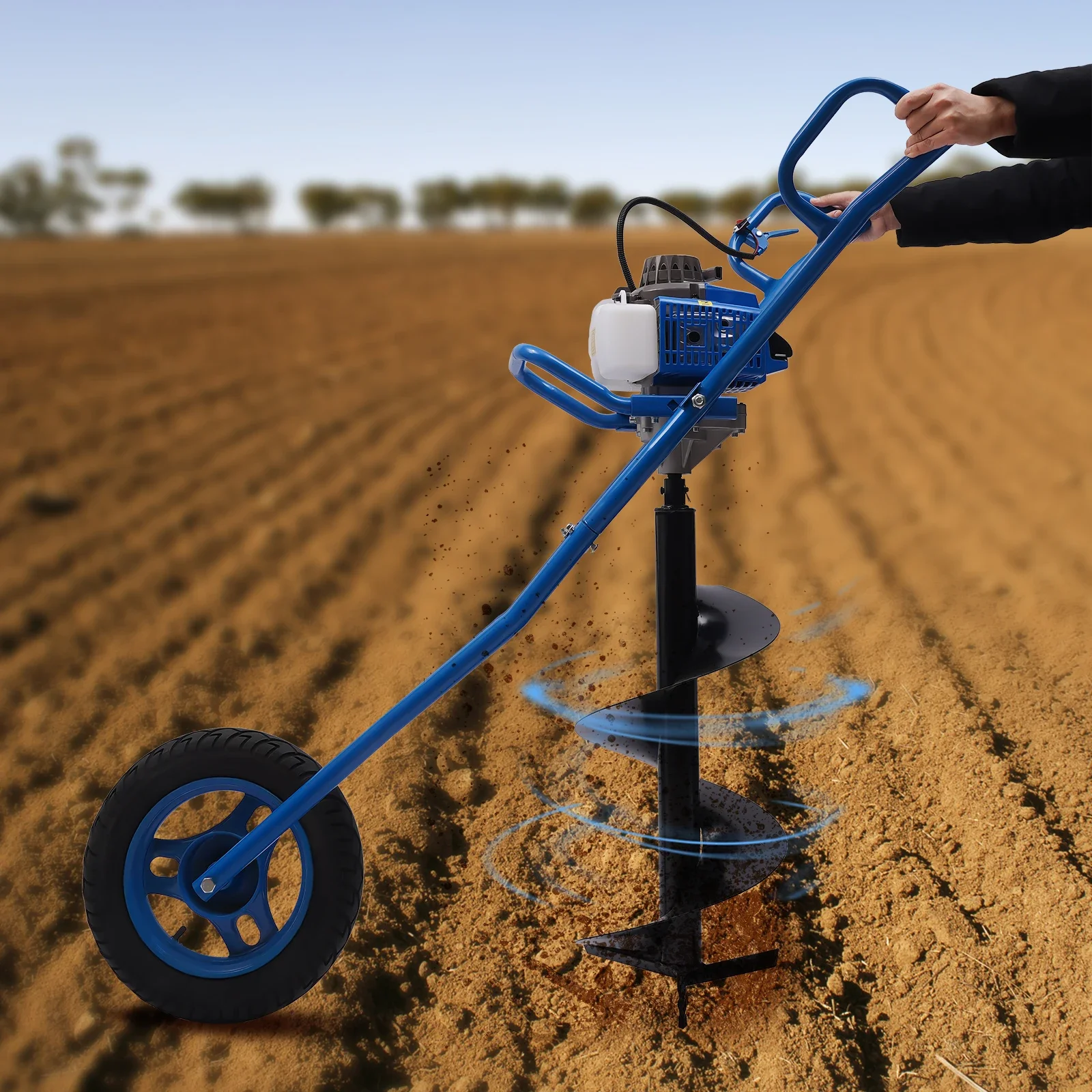 ل 2.2KW (3HP) مجموعة حفار الحفر الأرضي لثقب الأرض الأزرق مع 2 السكتة الدماغية عجلة عربة الحفر المنقولة