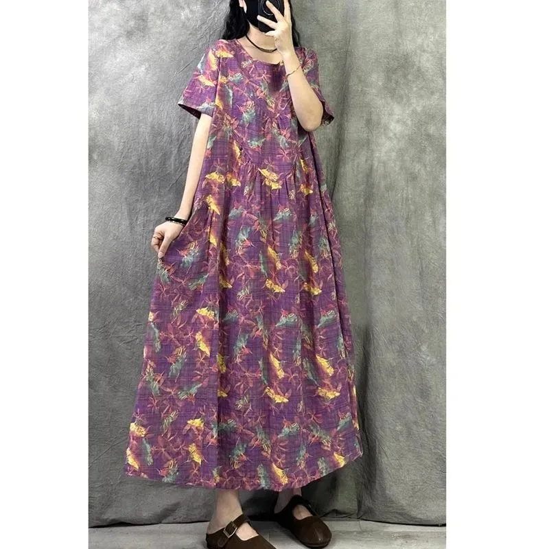 

Женское свободное хлопково-льняное макси-платье больших размеров с цветочным принтом, летнее, повседневное, элегантное, стройнящее