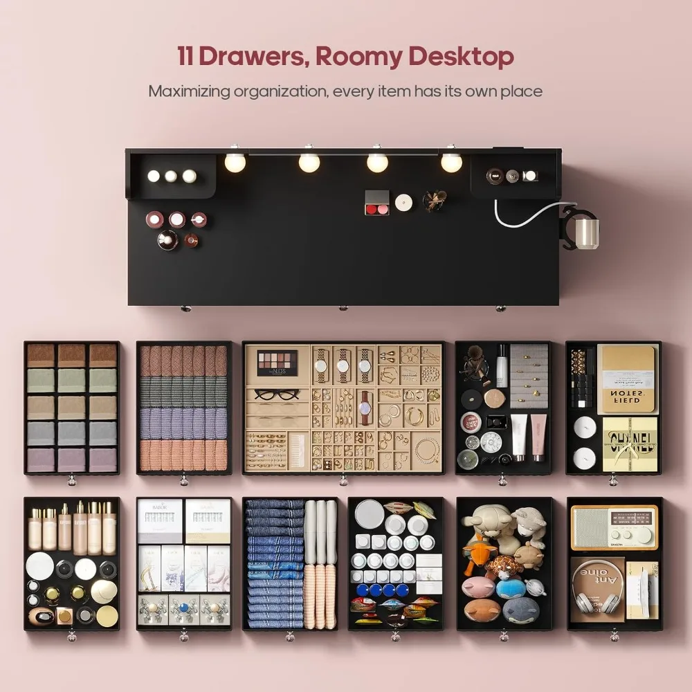 Luxe make-upijdelheid met 11 lades, verlichte spiegel, stekkerdoos en opbergruimte voor kleedkamer