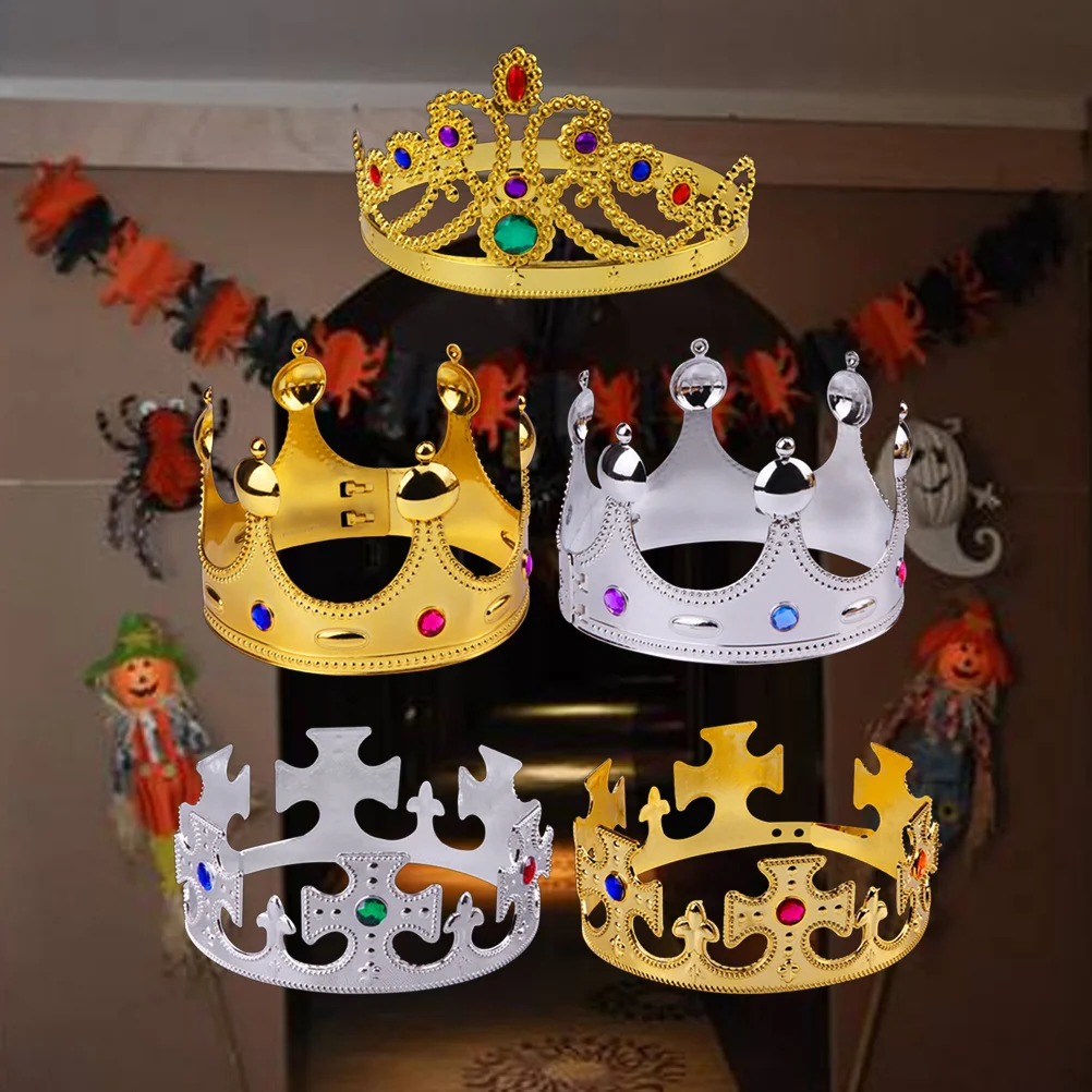 

5 pcs Halloween Crown King Queen Golden Silver Plastic Plating Medieval Party Prop Unique Monarch Costume Accessory For Theater