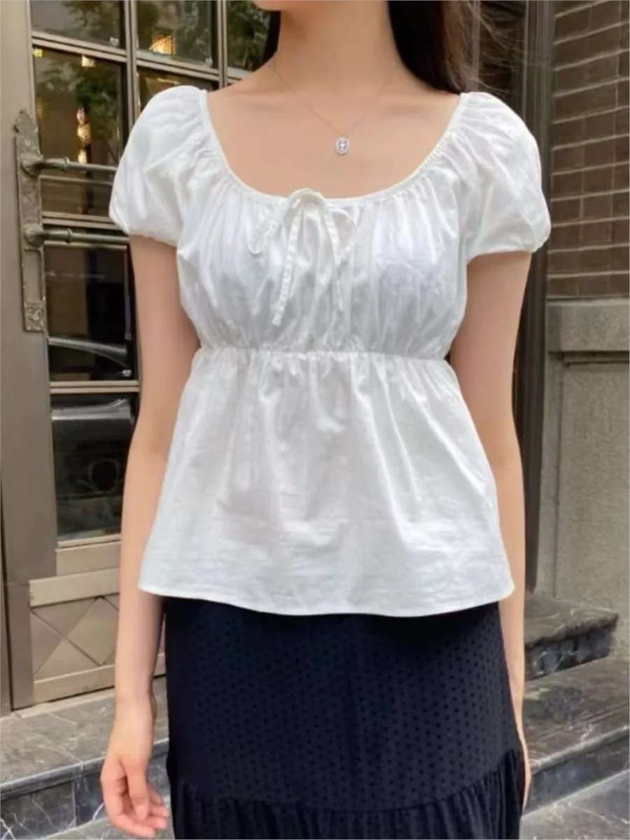 

Lace-up Strap White Short Sleeve Tees Women Summer Casual Simple Sexy White Crew Neck Tops Sweet Cute Preppy Style T-shirts Y2K