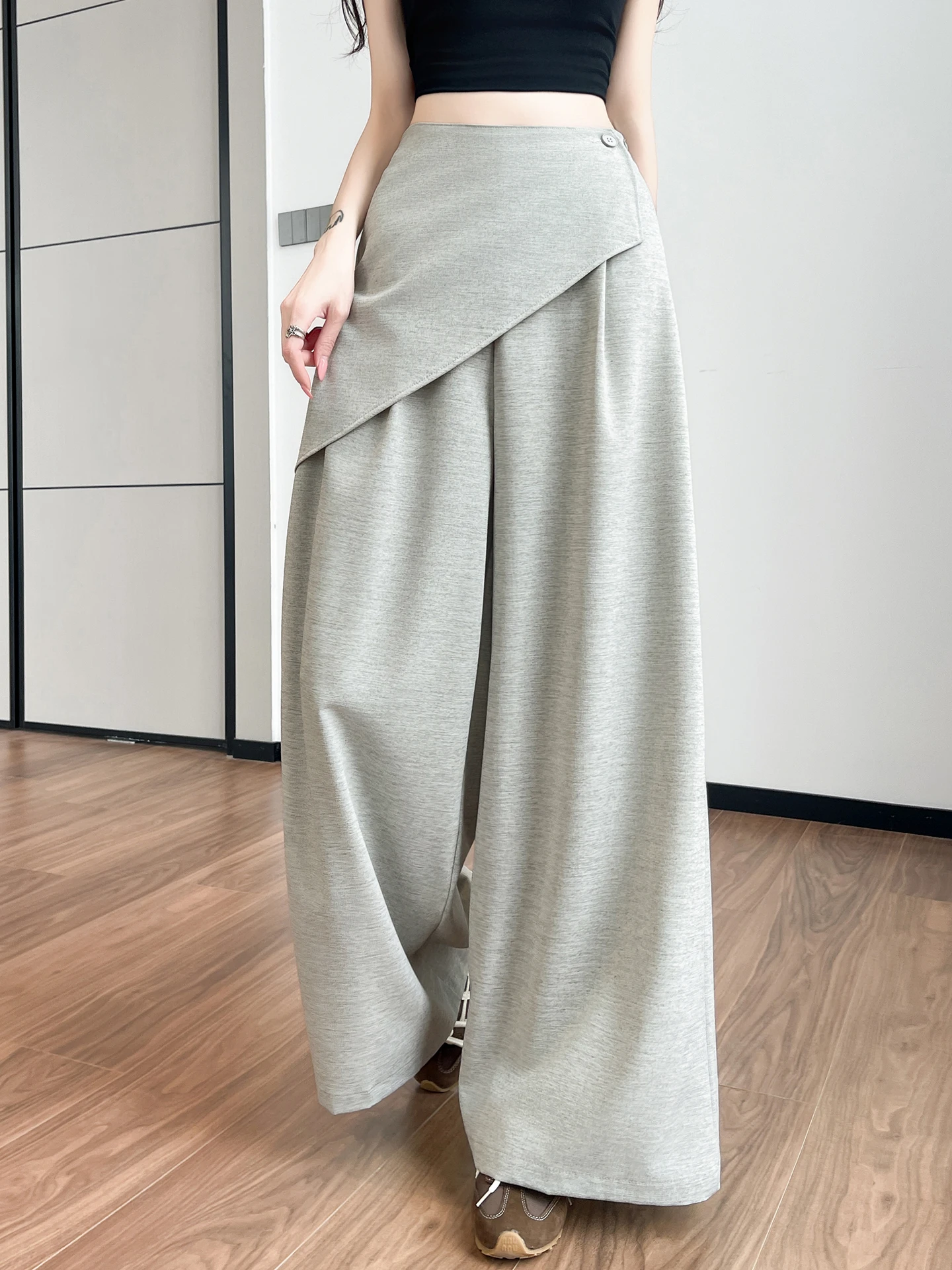 

Элегантные женские летние брюки с высокой талией и широкими штанинами, асимметричный дизайн, повседневные, в пол, новый стиль, для ленивого образа