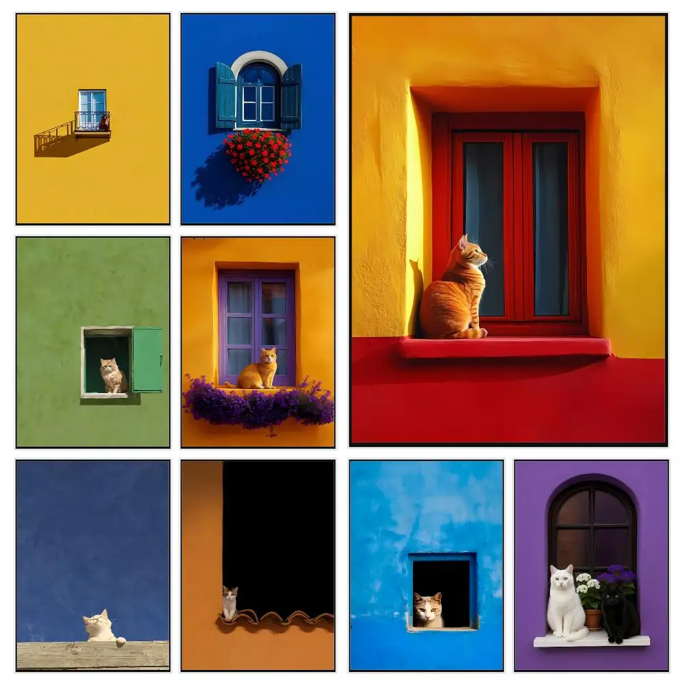 Artistic Concept B-bright and colorful window view and cat Poster Trendy Aesthetic Wall Decor for Dorm & Bedroom
