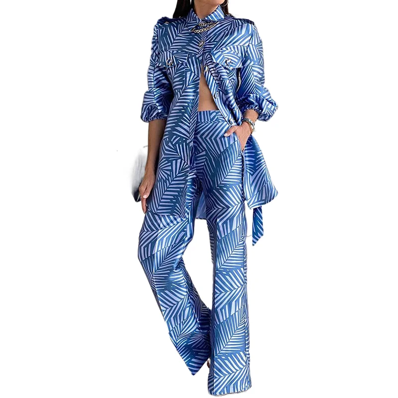 

Casual Long Sleeve Shirt Pants Set Office Lady Turn Down Collar Blouse Stripe Print Trousers Two Piece Set Women Outfit 2023
