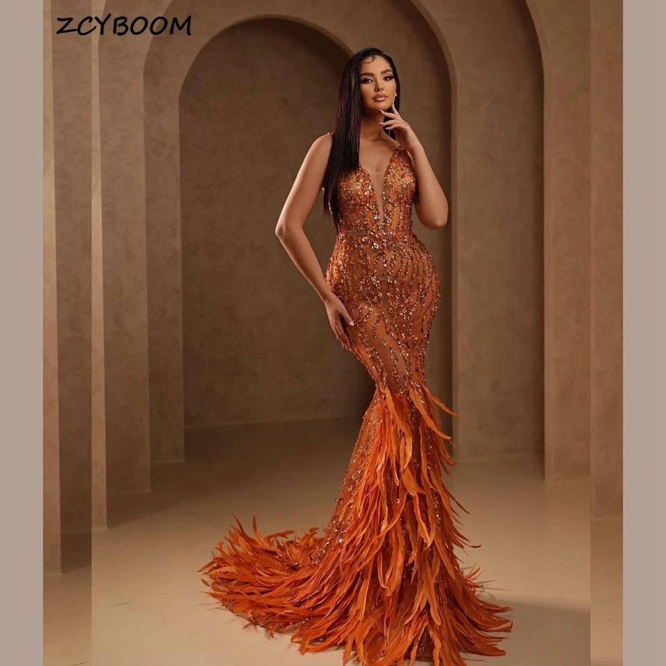 

Sexy V-Neck Spaghetti Strap Feather Mermaid Evening Dresses 2023 Floor Length Sweep Train Sleeveless Sequin Beaded Bridal Gown