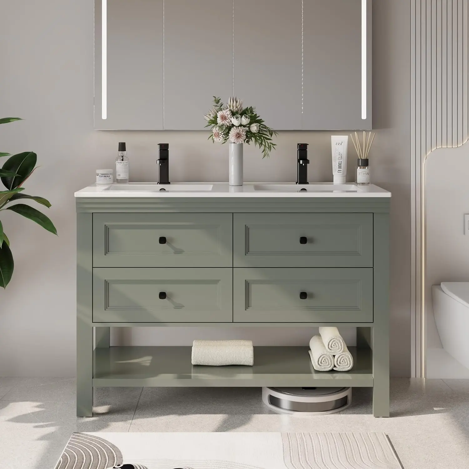 

48" Modern Vanity Sink Combo Cabinet Drawers Shelf Pads Include Undermount White Sink Faucet Green, Customized