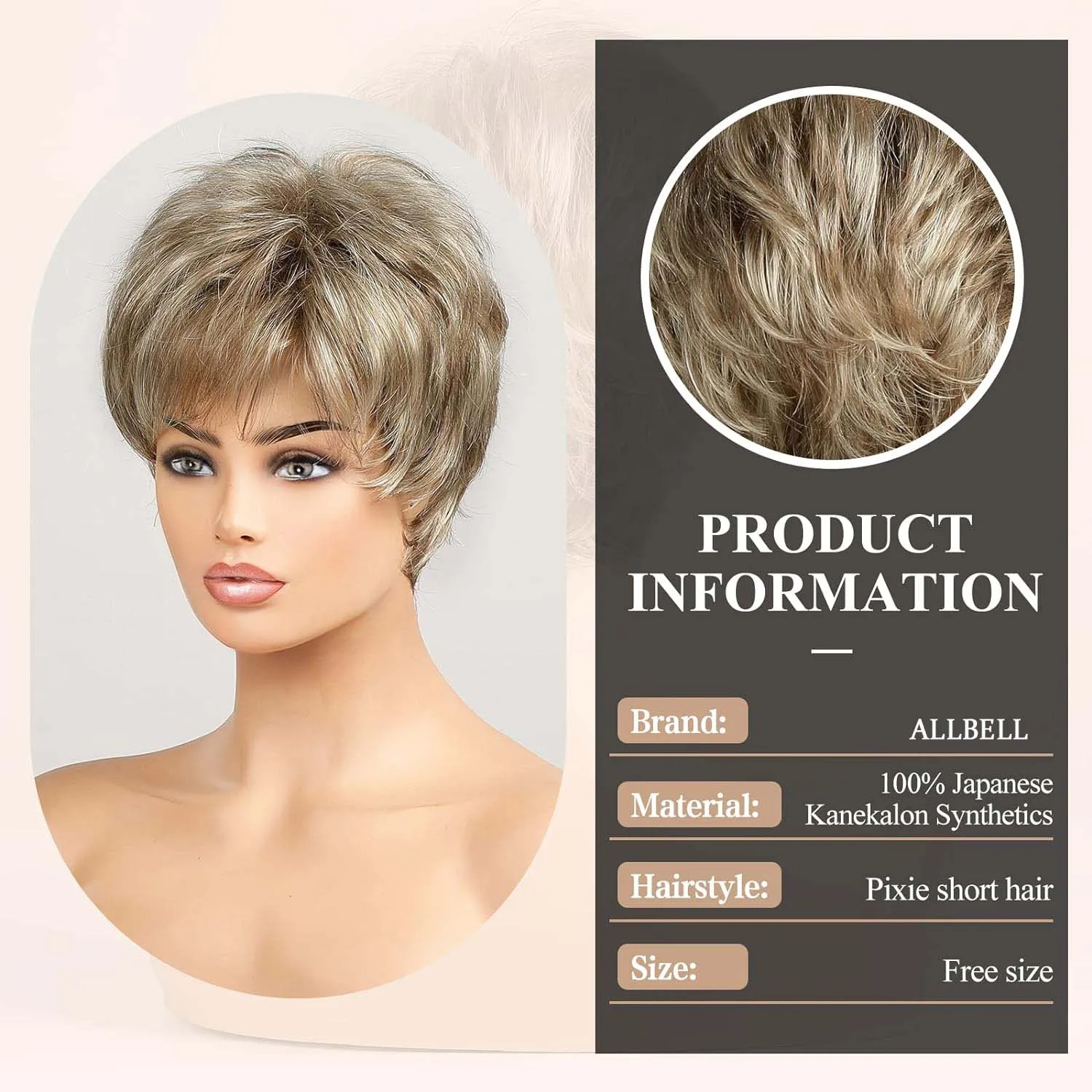 Misto de perucas curtas off-white Pixie corte com Franja para mulheres, cabelo humano Kanekalon, como textura, cabelo em camadas naturais, loiro