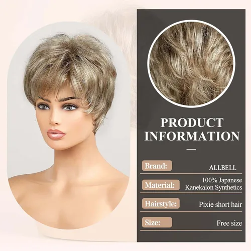 Imagen 2 del producto Rubio claro mezclado blanquecino corto corte Pixie pelucas para mujeres con flequillo Kanekalon cabello humano como textura cabello en capas naturales