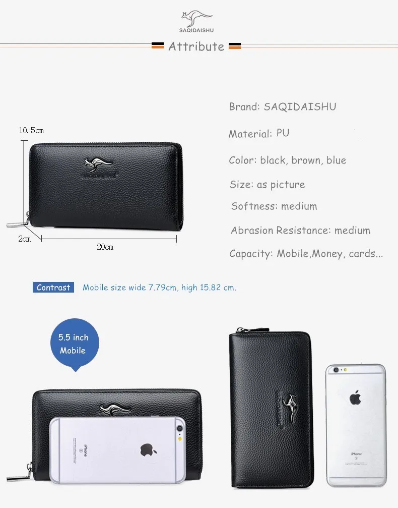 Men's Genuine Leather Cowhide Long Wallet Clutch Card Holder with Mobile Pocket Handbag for Male