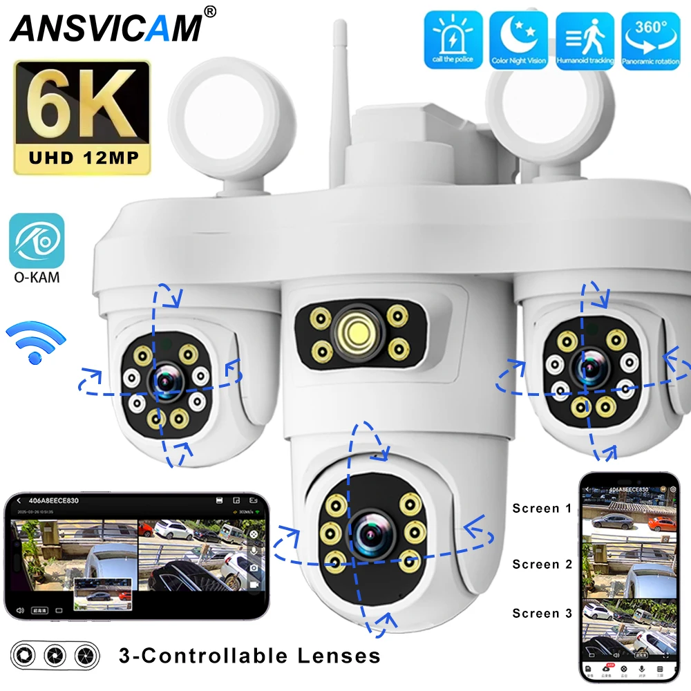 

Outdoor 6K 12MP WiFi IP Camera 3 Controllable PTZ Lens Color Night Vision Human Detection 2-way Audio Security Camera O-KAM PRO