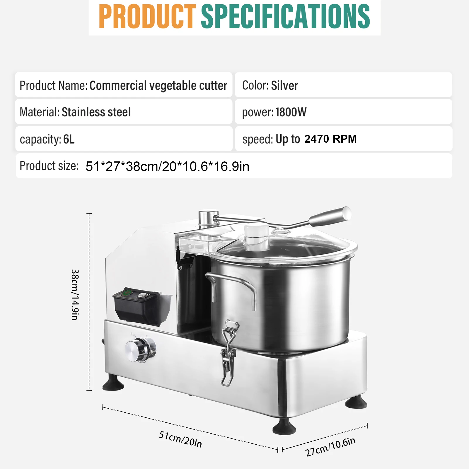 1800W Commercial Food Processor,6L Variable Speed Control Kitchen Chopper, 980-2470 RPM Large Capacity Stainless Steel Vegetable Slicer, Commercial Chopping Machine(Silver)